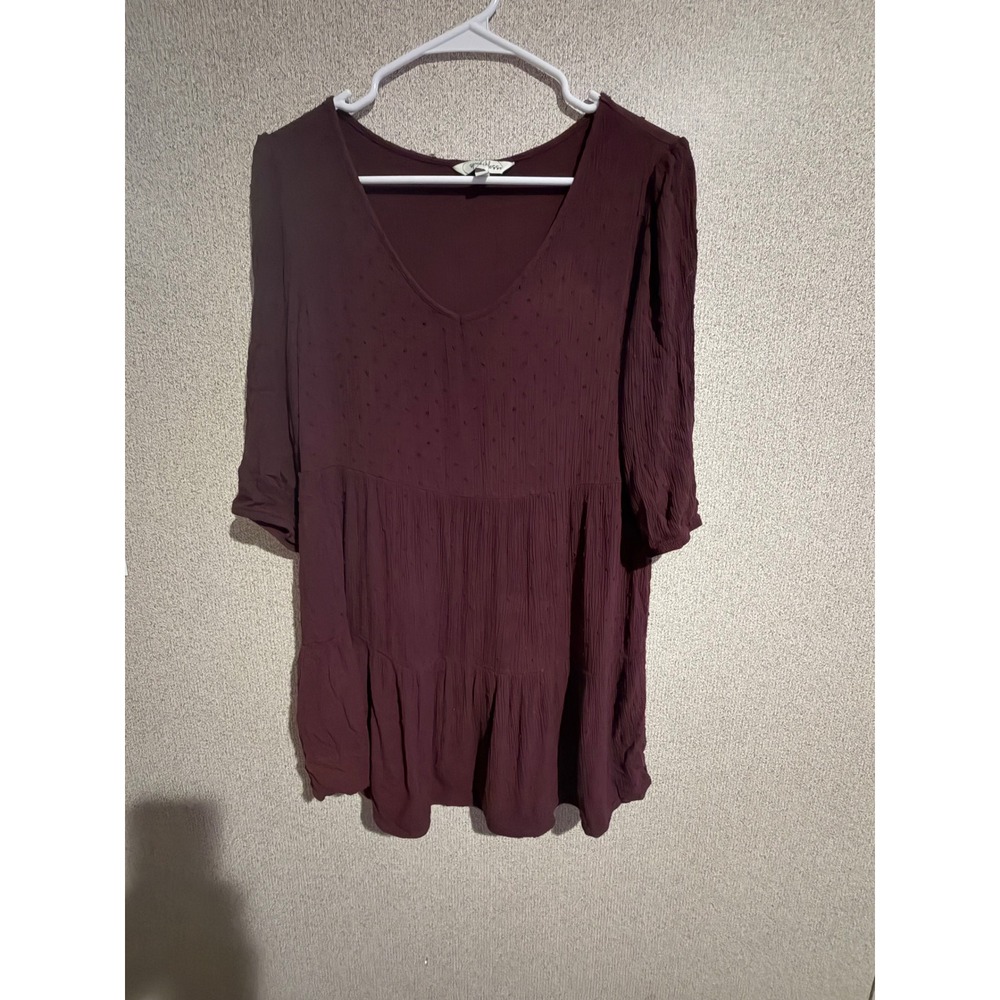 Speechless‎ Womens Burgundy Swiss Dot Tiered Babydoll Tunic Top V-Neck Large